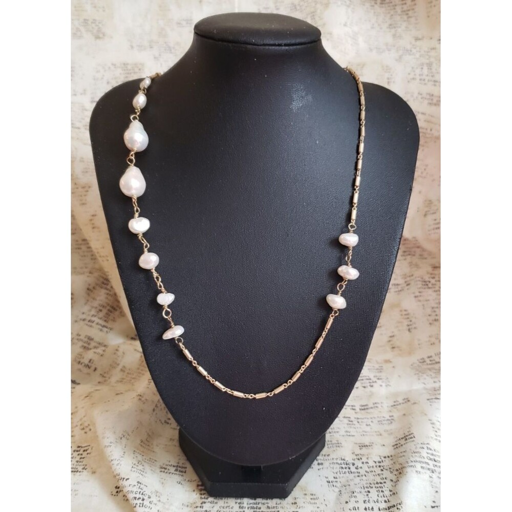 Faux Pearls and Gold-Tone Chain, Asymmetrical Long Necklace - Classy, Old Money